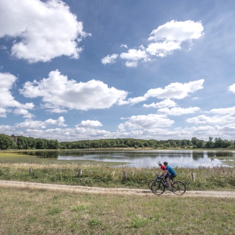 Radfahrer und Rodder Maar Blick Burg, © Kappest/Vulkanregion Laacher See